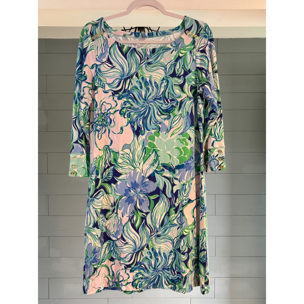 Lilly‎ Pulitzer Hollee Dress Blue Green Pink Floral Boat Neck Gold Button 002119